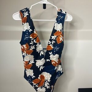 Cupshe Navy Floral One-Piece Swimsuit with White & Burnt Orange Leaves
